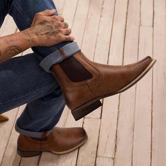 🆕 Men's Brown Faux Leather Square Toe Chelsea Cowboy Boots Retro Casual - Picture 8 of 9